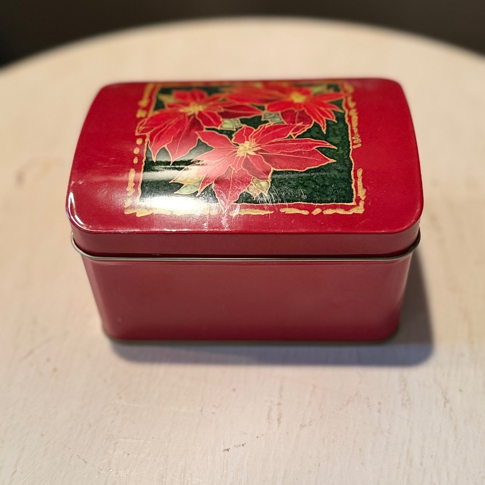 Red Tin Box Poinsettia‎ Flowers Holiday Christmas Storage Keepsake